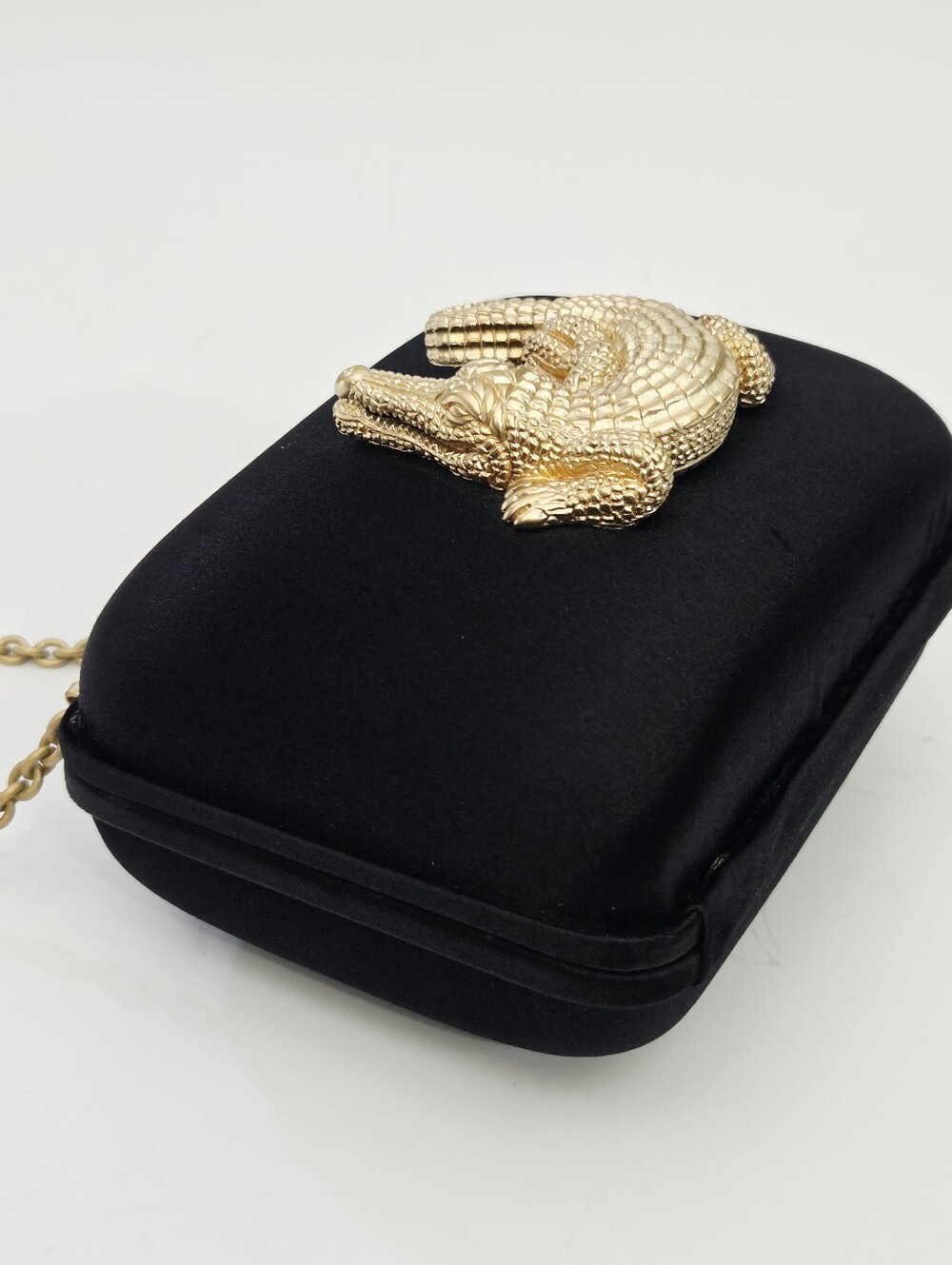 VINTAGE BARRY KIESELSTEIN-CORD BLACK SATIN EVENING BAG CLUTCH WITH ALLIGATOR - Picture 3 of 9